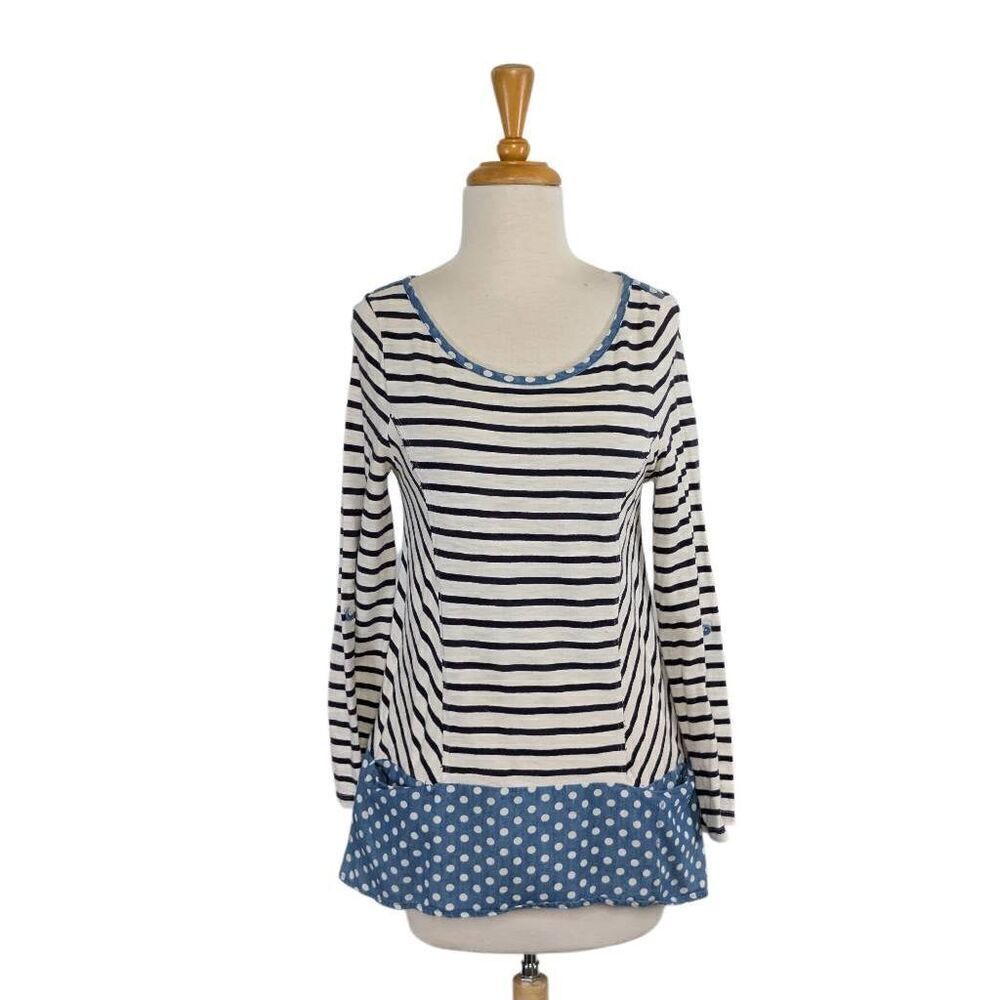 Anthropologie S Postmark Fairley Striped Polka Dot Tunic Top Boho Mod Retro Blue - Picture 3 of 7